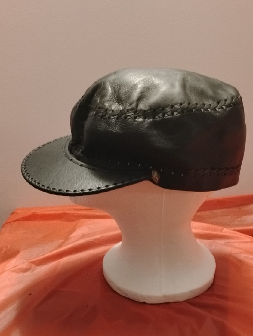 Black Leather Stitch-Trim Cadet Cap